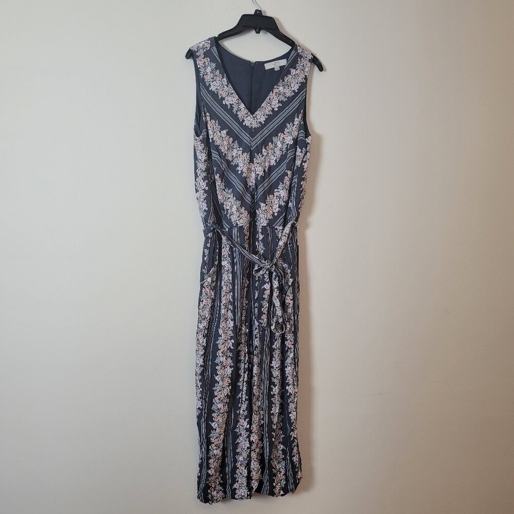 LOFT Navy Floral Stripe Sleeveless V-Neck Jumpsuit